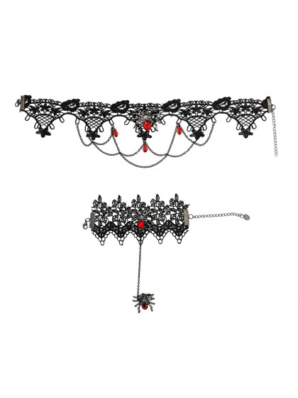 SET HALSKETTE RAS AUS HALS + ARMBAND MIT RING SPINNE NOIR/ROUGE 