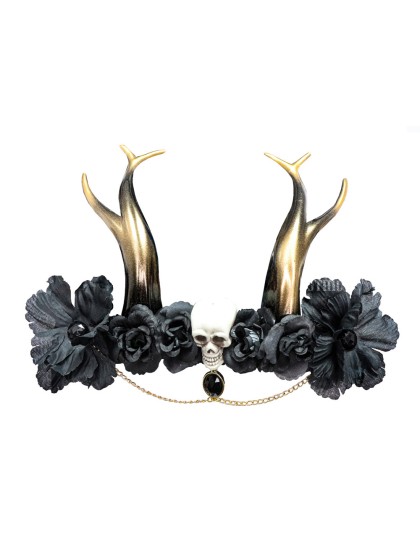 COIFFE GOTHIQUE NOIRE AVEC CORNES TETE DE MORT 