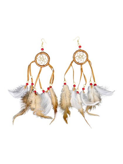 DREAMCATCHER EARRINGS WHITE BROWN FEATHERS 