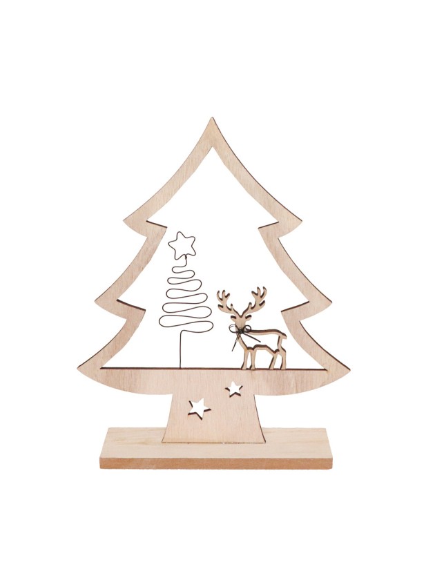 CENTRE DE TABLE SAPIN BOIS SUR SOCLE SAPIN FIL METAL NOIR 19CM X 24CM