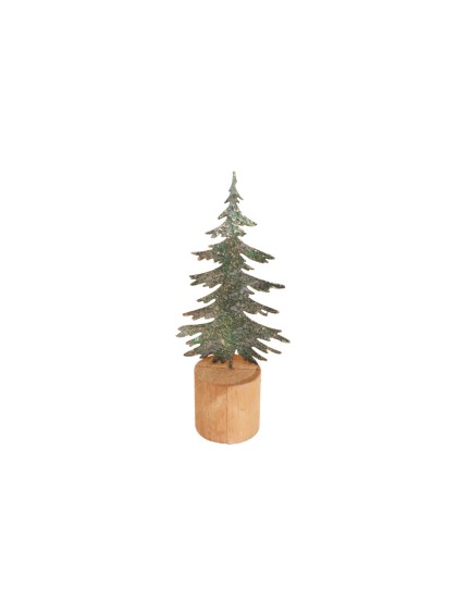 CENTRE DE TABLE SAPIN VERT/OR SUR SOCLE BOIS 10.5CM X 6CM X 24CM