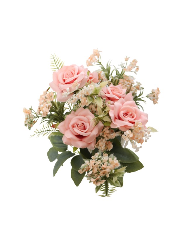 BUNCH OF 5 OLD PINK ROSES WITH GREEN LEAVES 40.5CM