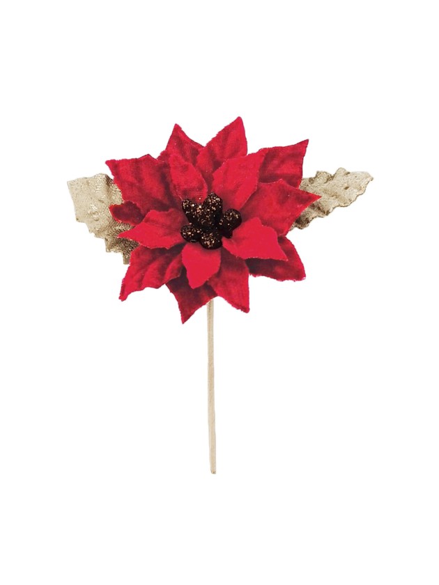 WEIHNACHTSSTERN ROT AUF STIEL BLÄTTER GOLD 6CM X 9CM