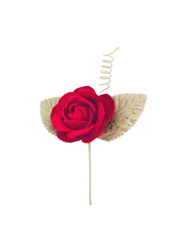 ROSE ROUGE SUR TIGE FEUILLES DOREES 4.5CM X 11CM