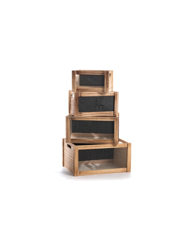 SET 4 WOODEN CRATES WITH GRID 40X30X20CM/35X25X18CM/30X 20X16CM/25X15X14CM