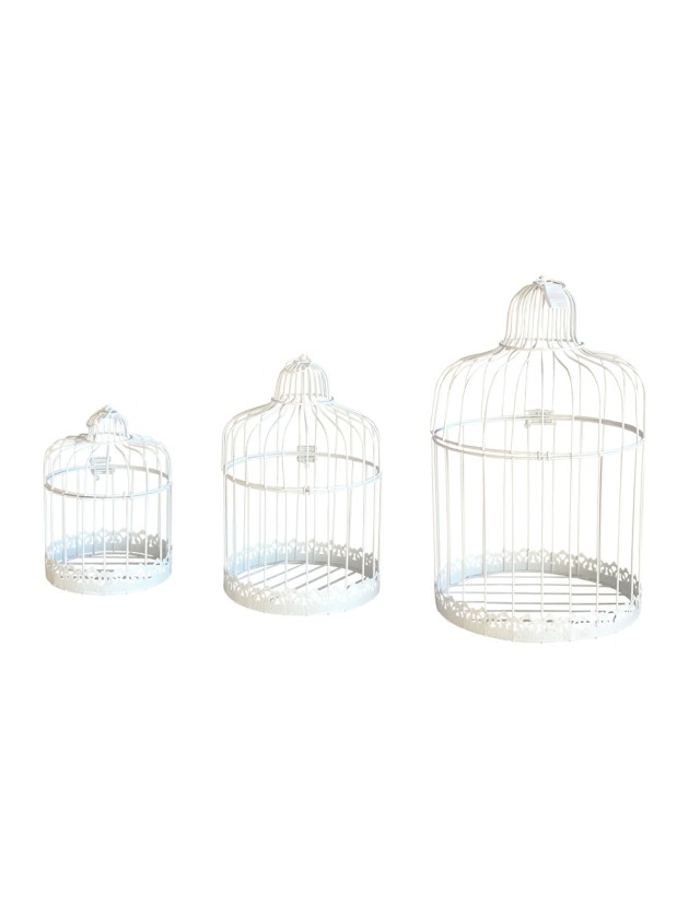 SET 3 CAGES METAL BLANC VINTAGE DIA 15CM X 22CM/DIA 20CM X 32CM/25CM X 41CM