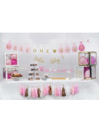 CUSTOMIZABLE BABY SHOWER GARLAND WITH STORKS WHITE/PINK 240CM X 22CM