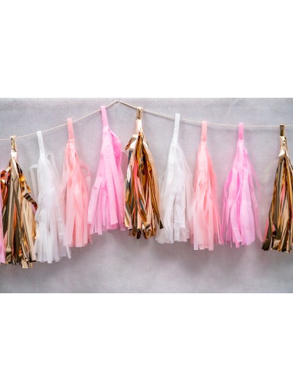 GARLAND 18 POMPOMS PINK/WHITE/GOLD 214CM X 20CM