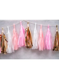 GIRLANDE 18 POMPOMS ROSE/BLANC/OR 214CM X 20CM