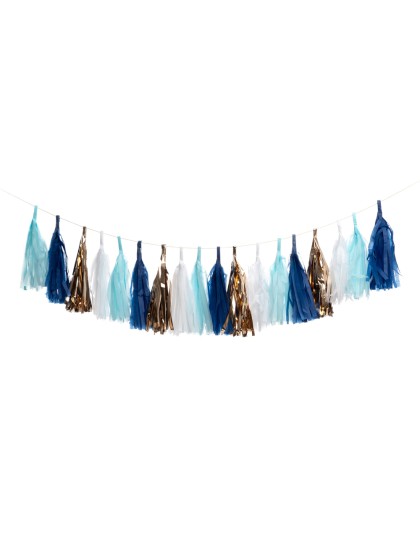 GUIRLANDE 18 POMPOMS BLEU/BLANC/OR 214CM X 20CM