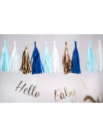 GARLAND 18 POMPOMS BLUE/WHITE/GOLD 214CM X 20CM