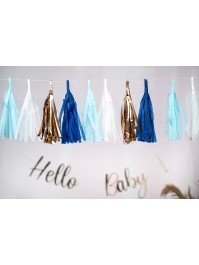 GARLAND 18 POMPOMS BLUE/WHITE/GOLD 214CM X 20CM