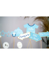 PHOTO-BOOTH-SET 11PCS BABYPARTY JUNGE - VORDERSEITE RÜCKSEITE FRANCAIS -ANGLAIS