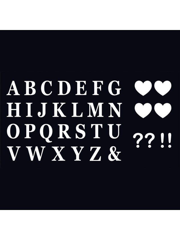 SET AUS 48 BUCHSTABEN  SELBSTKLEBEND + 4 HERZEN + 2 ? +2 ! WEISS 7.5CM