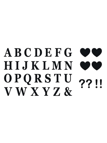 SET 48 ADHESIVE BLACK LETTERS + 4 HEARTS + 2 ? + 2 ! 7.5CM