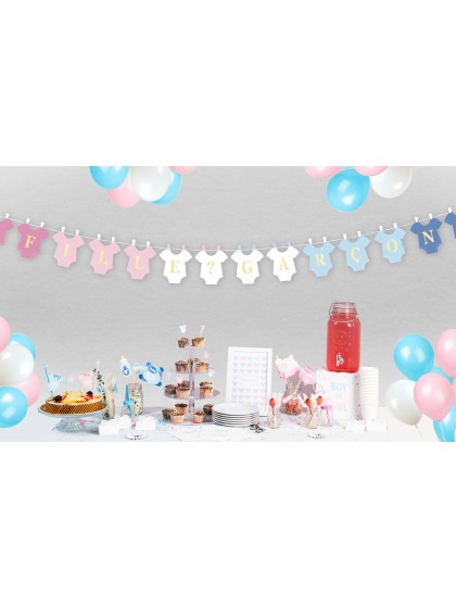 GIRLANDE PERSONALISIERBAR GENDER REVEAL ROSE/BLANC/BLEU 3M X 23CM