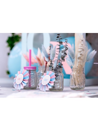 SET 6 BUTTONS + 12 AUFKLEBER BOY / GIRL DIA 8CM