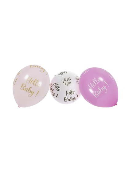 BAG OF 6 PINK LATEX BALLOONS HELLO BABY DIA 27CM