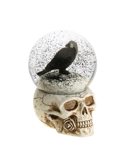 SCHNEEKUGEL KUNSTHARZ TOTENKOPF RABE 12 X 12.6 X 15.6CM