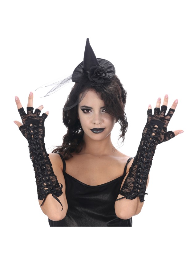 HANDSCHUHE SPITZE SCHWARZ MIT LACET Einheitsgröße