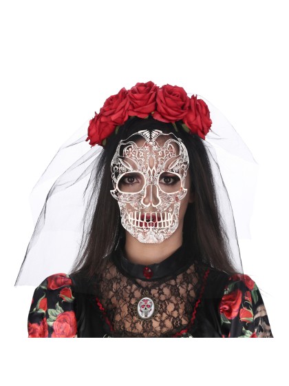 DAY OF THE DEAD HEADBAND RED ROSES WITH PRINTED VEIL 