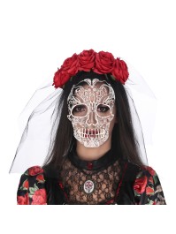 DAY OF THE DEAD HEADBAND RED ROSES WITH PRINTED VEIL 