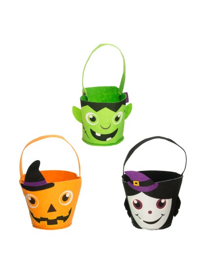 HALLOWEEN FELT BASKET - 3 ASSORTED:  WITCHER/PUMPKIN/MONSTER DIA 19CM X 30CM