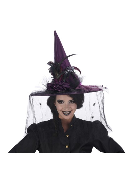 DELUXE WITCH HAT BLACK/PURPLE FEATHERS 