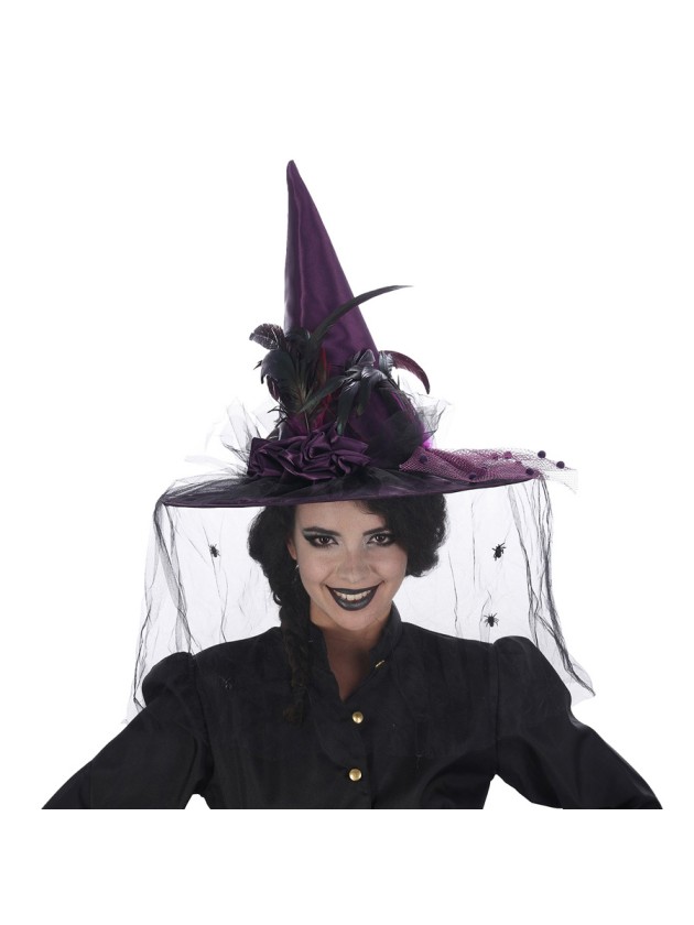 DELUXE WITCH HAT BLACK/PURPLE FEATHERS 