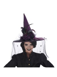 DELUXE WITCH HAT BLACK/PURPLE FEATHERS 