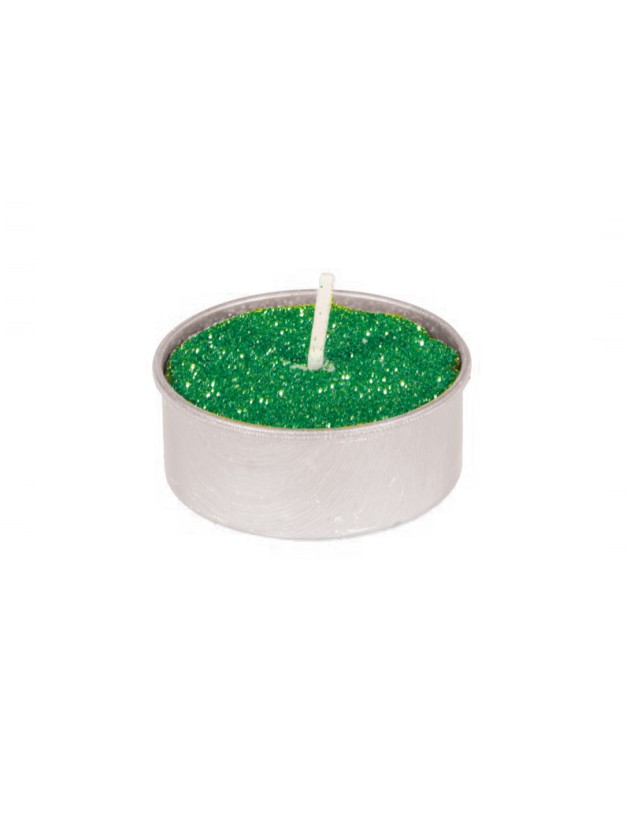 SET OF 6 JUNGLE GREEN TEALIGHT GLITTERED CANDLES 4H DIA 3.5CM