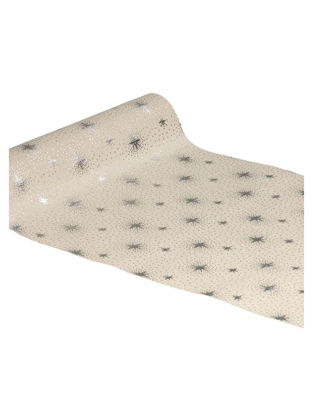 CHEMIN DE TABLE TISSU NATUREL FEERIE ARGENT METAL 28CM X 3M