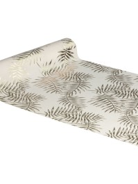 CHEMIN DE TABLE TISSU ECRU FEUILLAGES CHAMPAGNE METAL 28CM X 3M