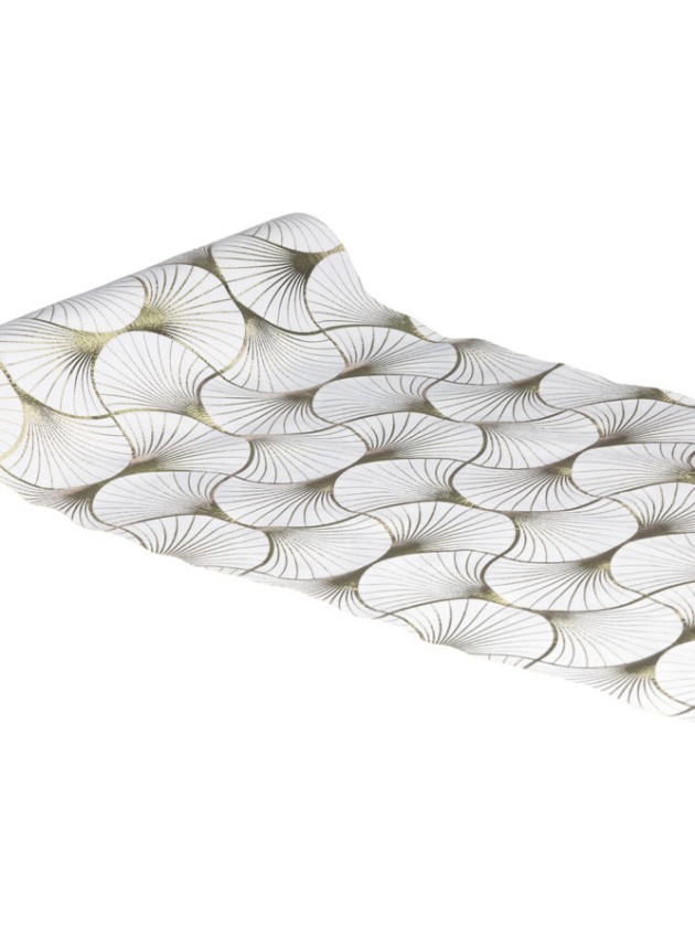 WHITE VELVET TABLE RUNNER METAL CHAMPAGNE GINKGO 28CM X 3M