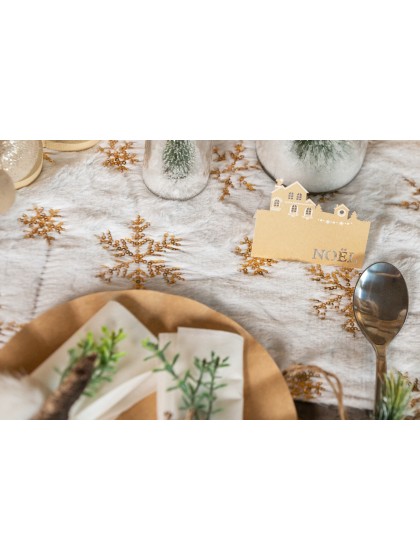 WHITE FAKE FUR TABLE RUNNER GOLDEN SNOWFLAKES 28CM X 3M