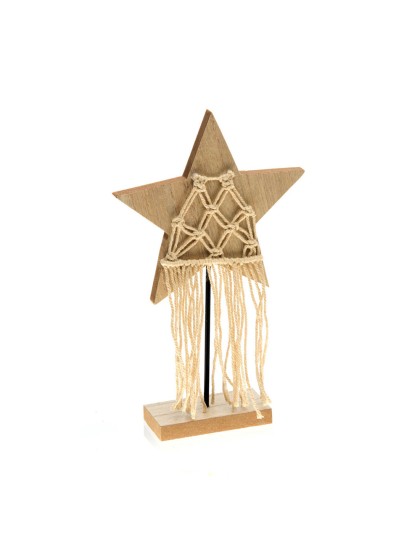 ETOILE BOIS NATUREL MACRAME SUR SOCLE 15CM X 4.5CM X 25CM