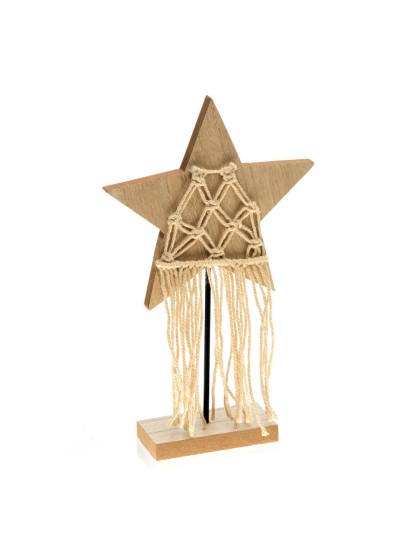 ETOILE BOIS NATUREL MACRAME SUR SOCLE 18CM X 4.5CM X 30CM