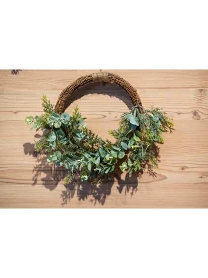 COURONNE AVENT ROTIN EUCALYPTUS FOUGERES 10 LEDS DIA 30CM X 9CM