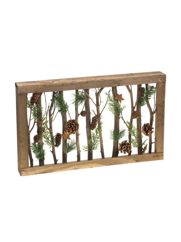 VINTAGE WOODEN FRAME AMBER GLITTER STARS AND BELLS 50CM X 6CM X 30CM