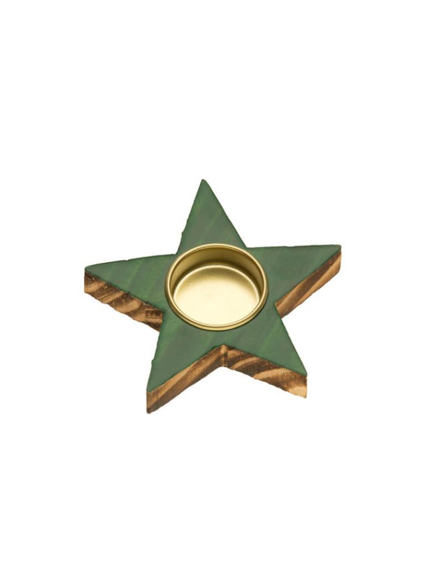 WOODEN STAR CANDLEHOLDER SHINY GREEN 12CM X 2CM
