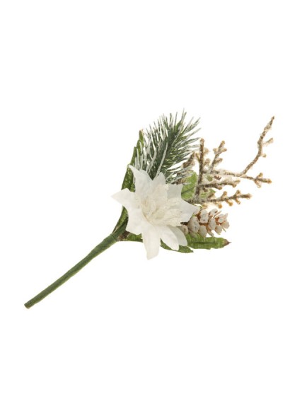 WHITE POINSETTIA STEM WHITE GLITTERS 12CM