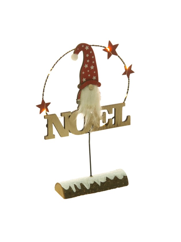 CENTRE DE TABLE BOIS NOEL GNOME 8 LEDS SUR TRONC BOIS NEIGE 24CM