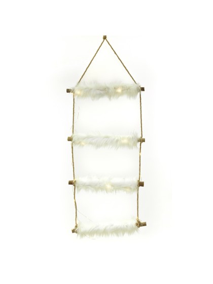 ECHELLE BOIS 4 NIVEAUX FOURRURE 30 LEDS CORDAGE JUTE 35CM X 100CM