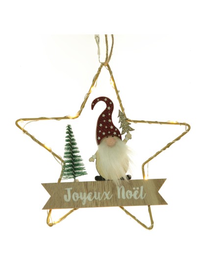 STERN METALL GNOM FROHE WEIHNACHTEN LEDs AUFHÄNGEN 17CM X 27CM