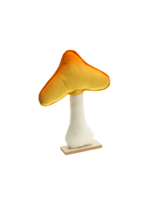 CHAMPIGNON VELOURS ORANGE/JAUNE SUR SOCLE BOIS 23CM X 5CM X 30CM