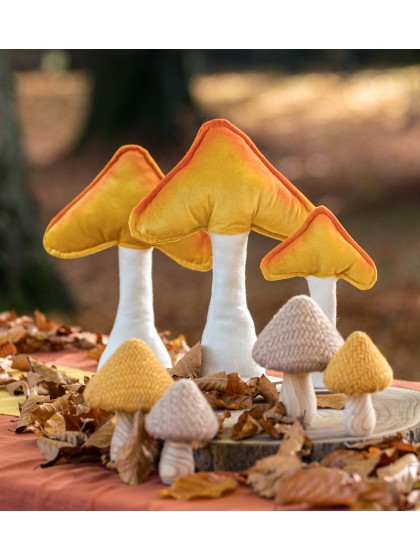 CHAMPIGNON VELOURS ORANGE/JAUNE SUR SOCLE BOIS 23CM X 5CM X 30CM