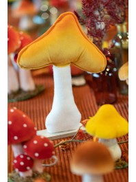 CHAMPIGNON VELOURS ORANGE/JAUNE SUR SOCLE BOIS 23CM X 5CM X 30CM