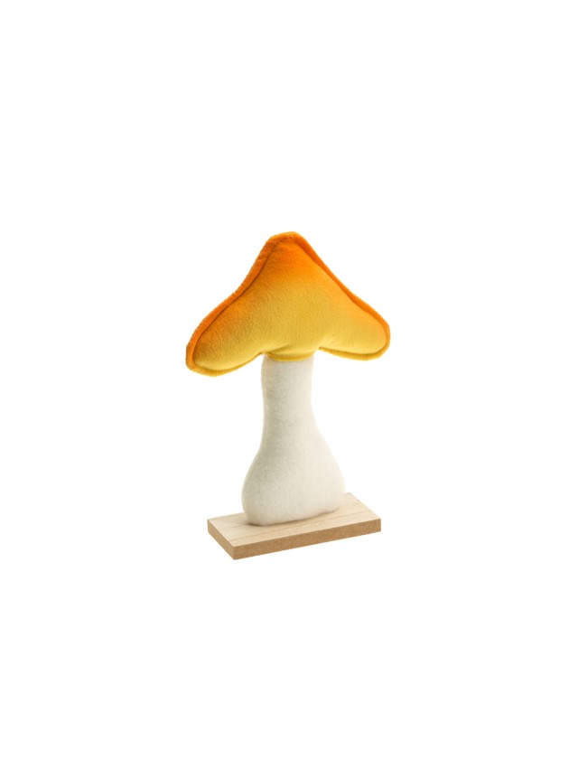 CHAMPIGNON VELOURS ORANGE/JAUNE SUR SOCLE BOIS 13.5CM X 5CM X 20CM
