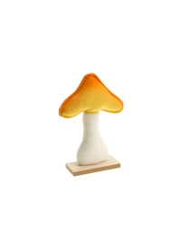 ORANGE/YELLOW VELVET MUSHROOM ON WOODEN BASE 13.5CM X 5CM X 20CM