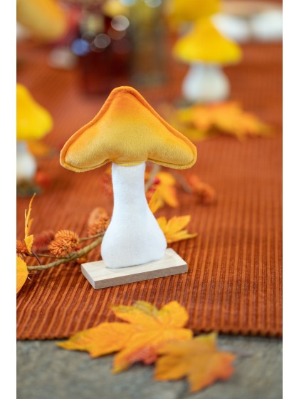 CHAMPIGNON VELOURS ORANGE/JAUNE SUR SOCLE BOIS 13.5CM X 5CM X 20CM